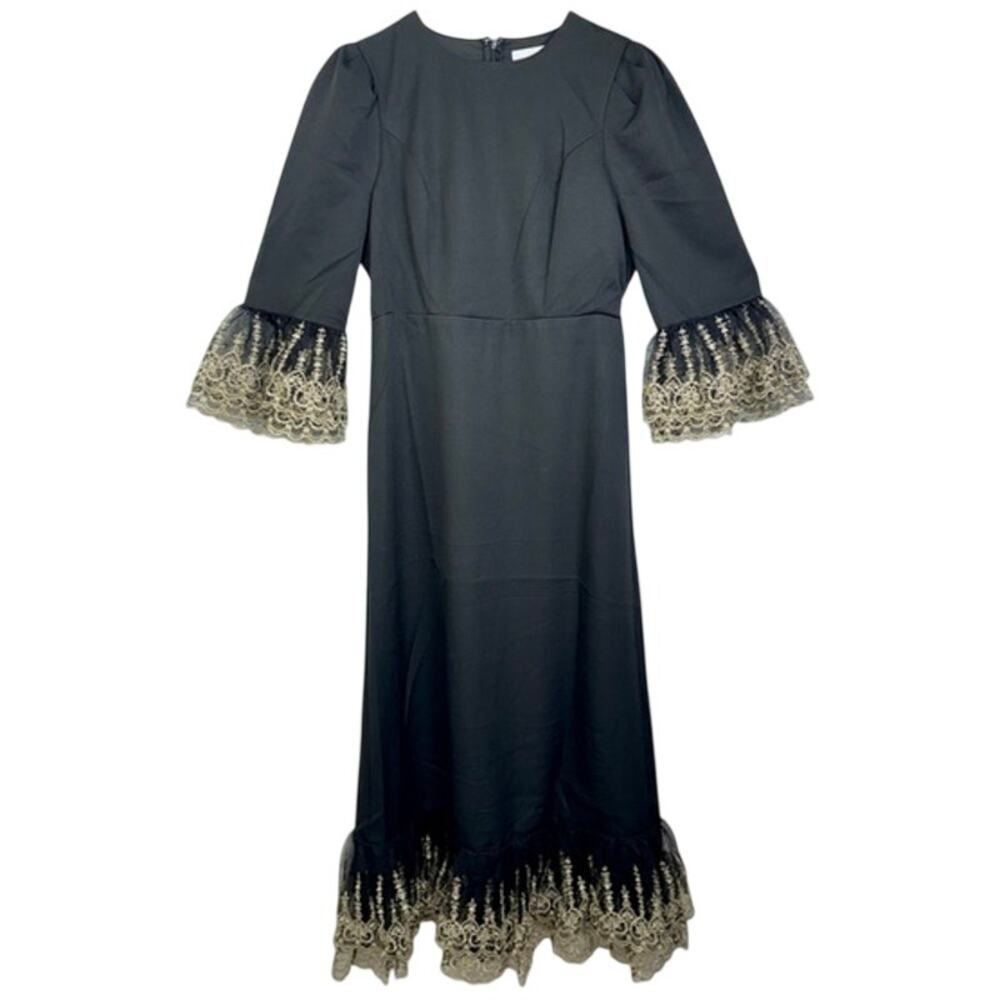 NWT Tuckernuck Pomander Place Lilith Black Gold Lace Ruffle Maxi Dress Size S